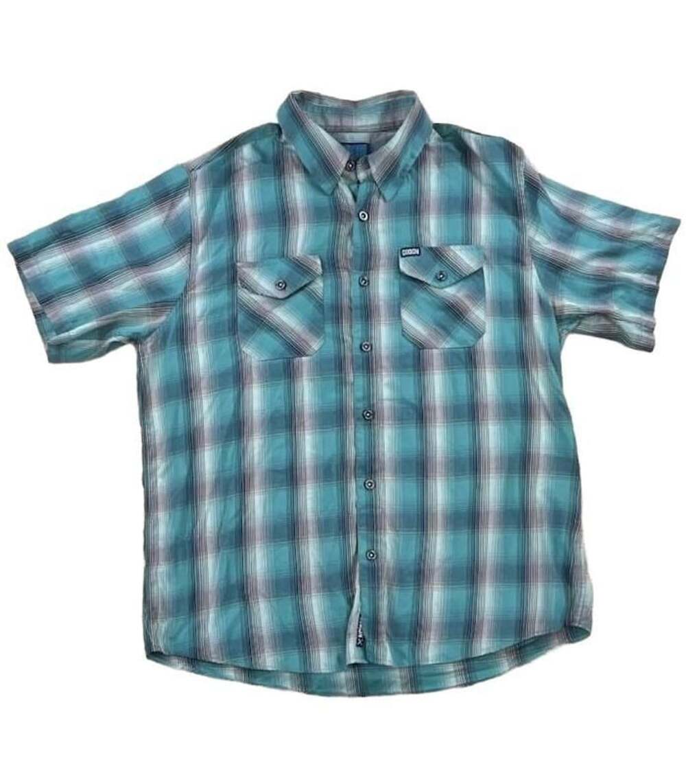 Dixxon Blue Marlin Short Sleeve Button Up Shirt Size XL Teal Plaid